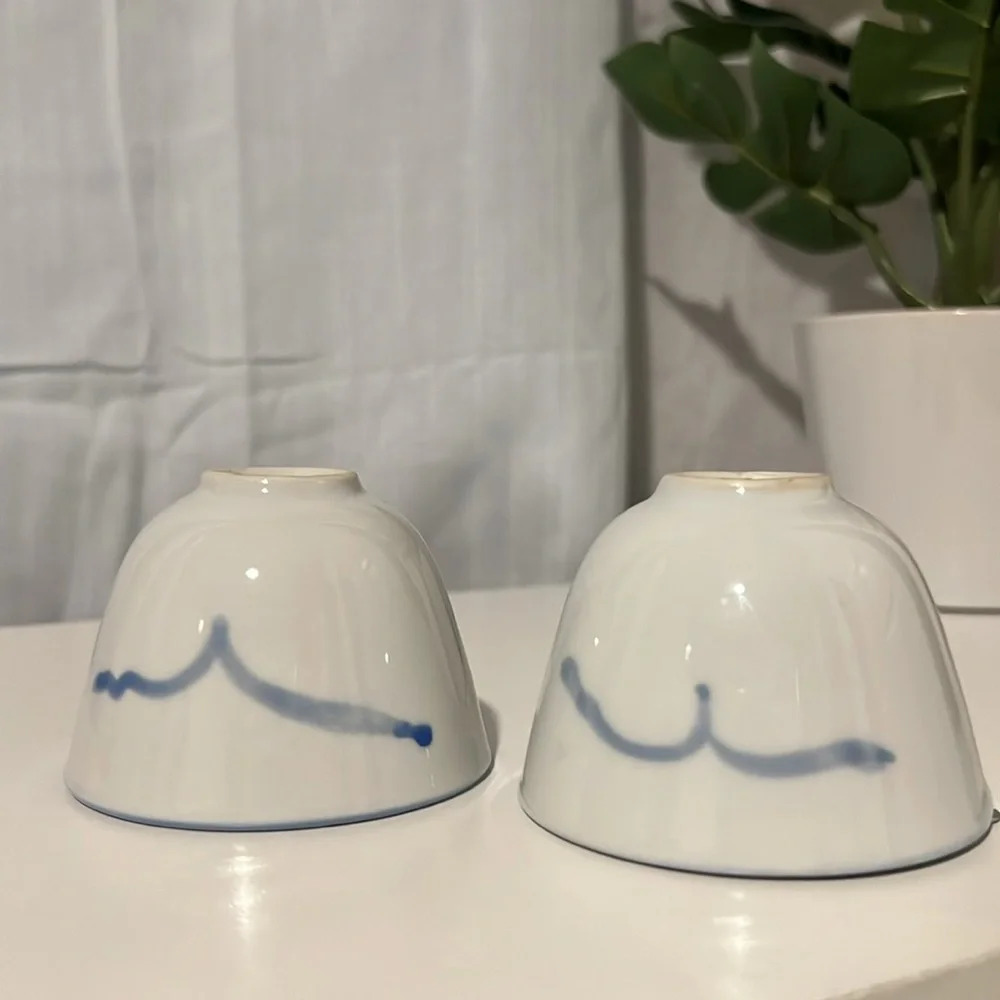 Set of Hand Painted Blue and White Koi Tea Cups - Picture 2 of 4